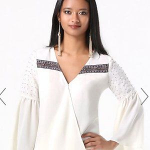 BEBE White Wrap Blouse with Beading XS